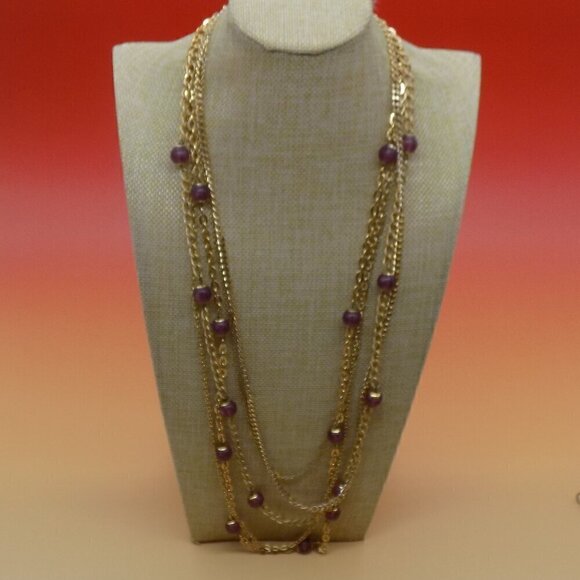 Vintage Multi-Strand Necklace Layered Etruscan Revival Gold-tone Purple Beads - Picture 6 of 7